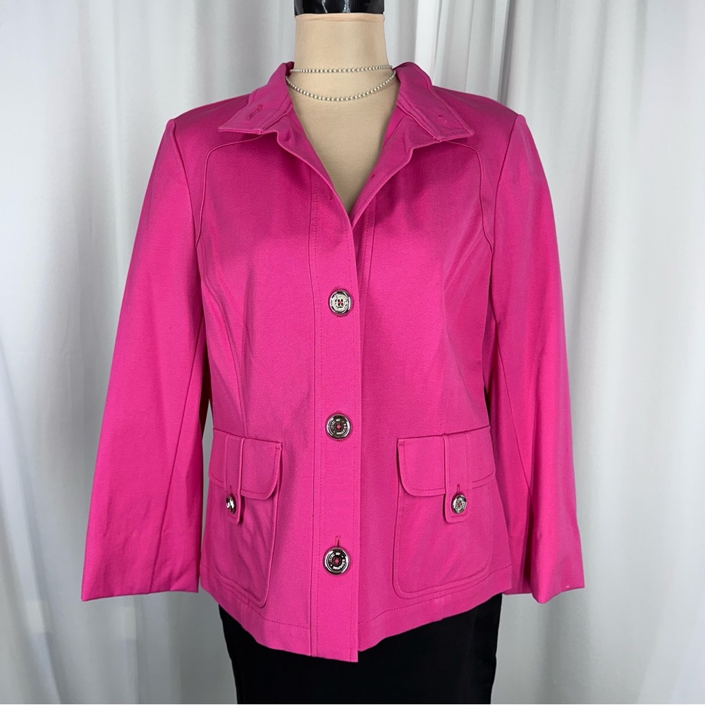 JONES NEW YORK SIGNATURE STRETCH Vibrant Pink Jacket Sz M Stand Collar - Picture 2 of 14